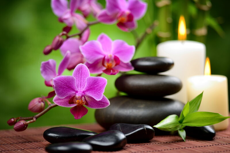 Purple Orchid Flowers — Serene, Photograph, Candles, Rocks