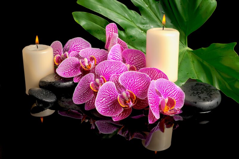 Purple Orchids with Candles — Serene, Photograph