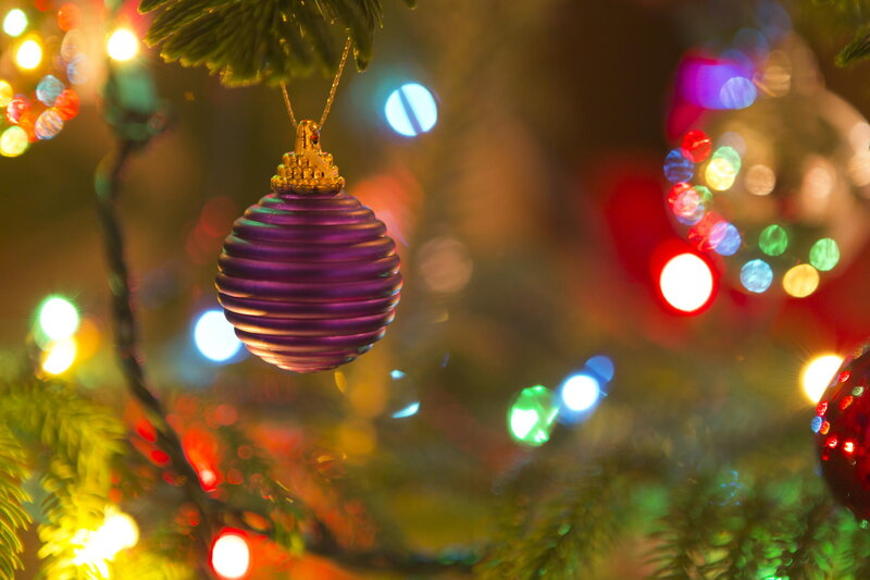 Purple Ornament on Tree — Festive, Night, Photograph