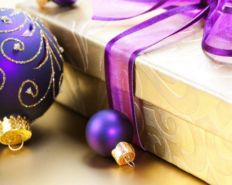 Purple Ornaments and Gift Box
