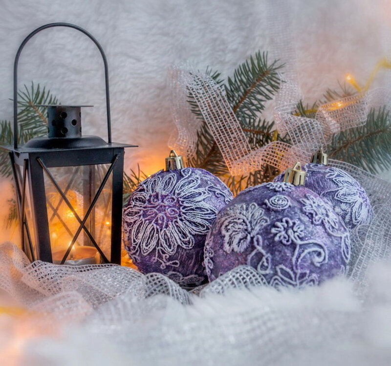 Purple Ornaments and Lantern