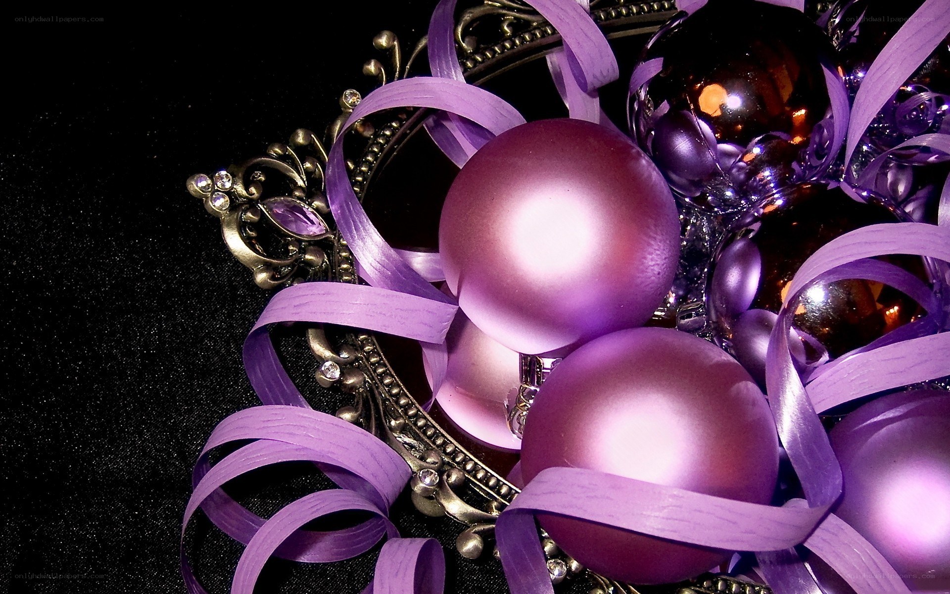 purple ornaments and ribbons