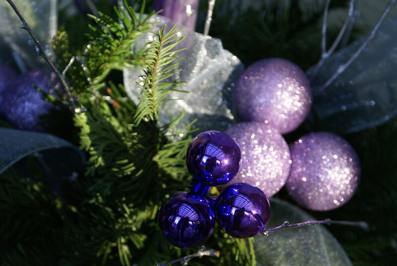 Purple Ornaments on Greenery