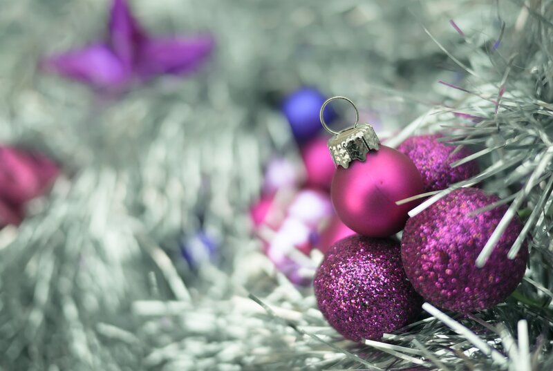 Purple Ornaments on Tinsel