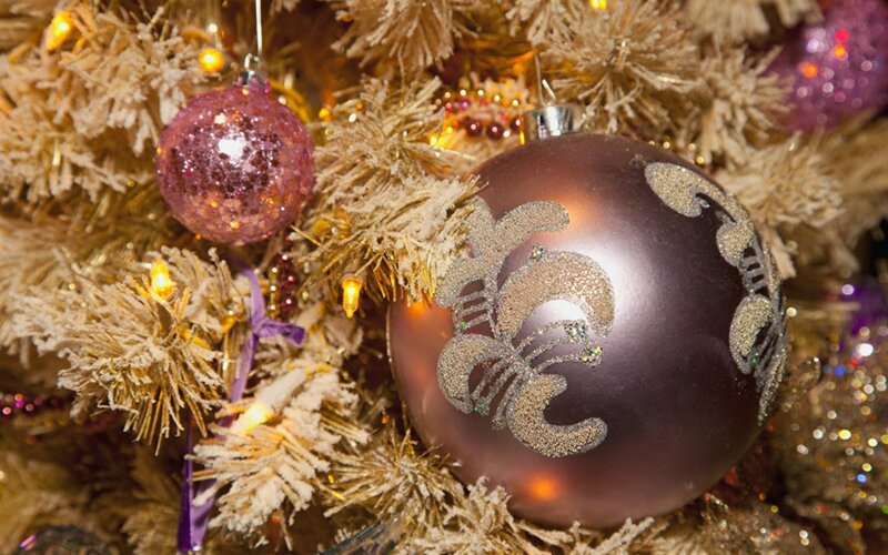 Purple Ornaments on Tree — Festive