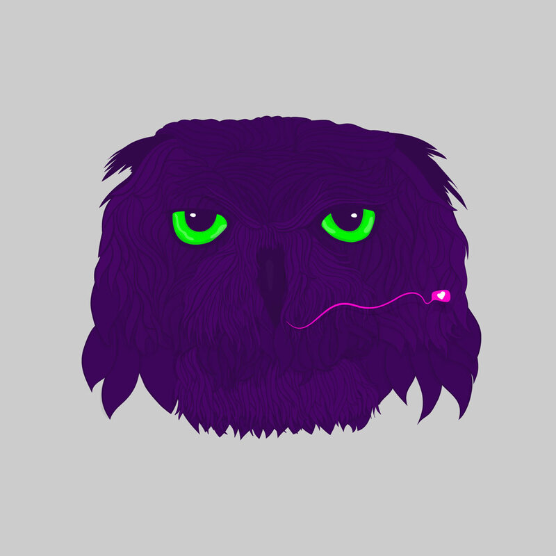 purple owl with green eyes