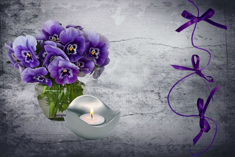 Purple Pansies in Vase — Serene, Photograph, Candle