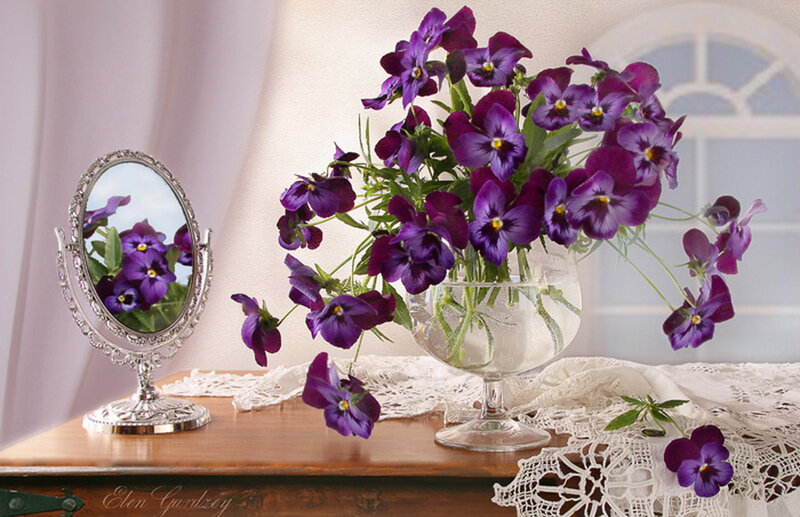 Purple Pansies in Vase — Serene, Photograph, Mirror