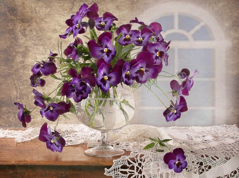 Purple Pansies in Vase — Serene