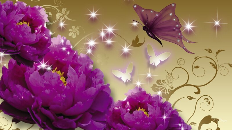 Purple Peonies and Butterflies