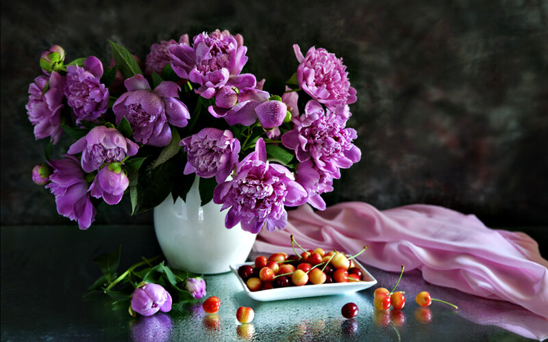 Purple Peonies and Cherries