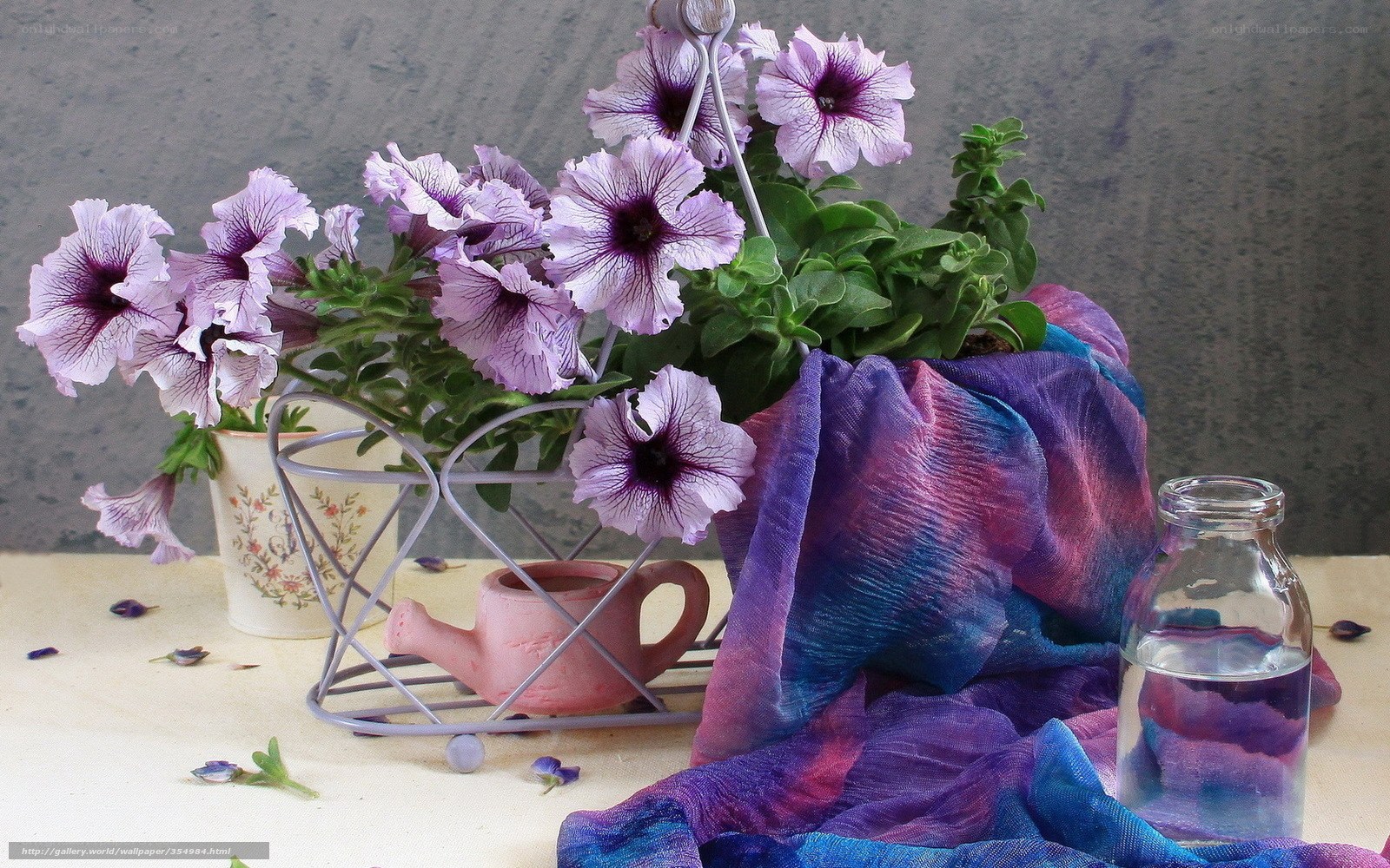 Purple petunias in wire basket