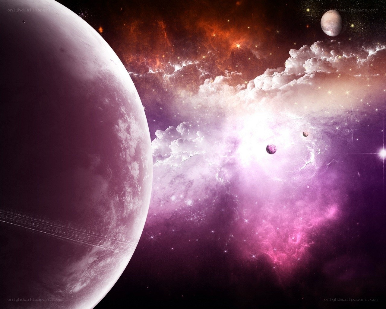 Purple planet in space nebula