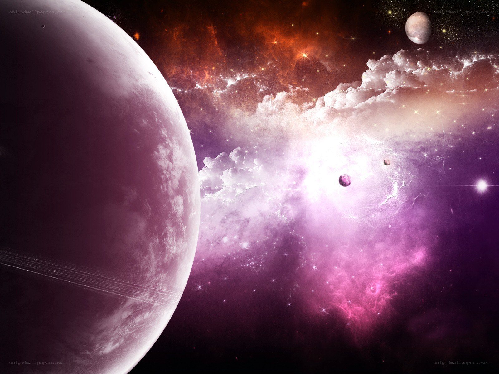 Purple planet in space nebula