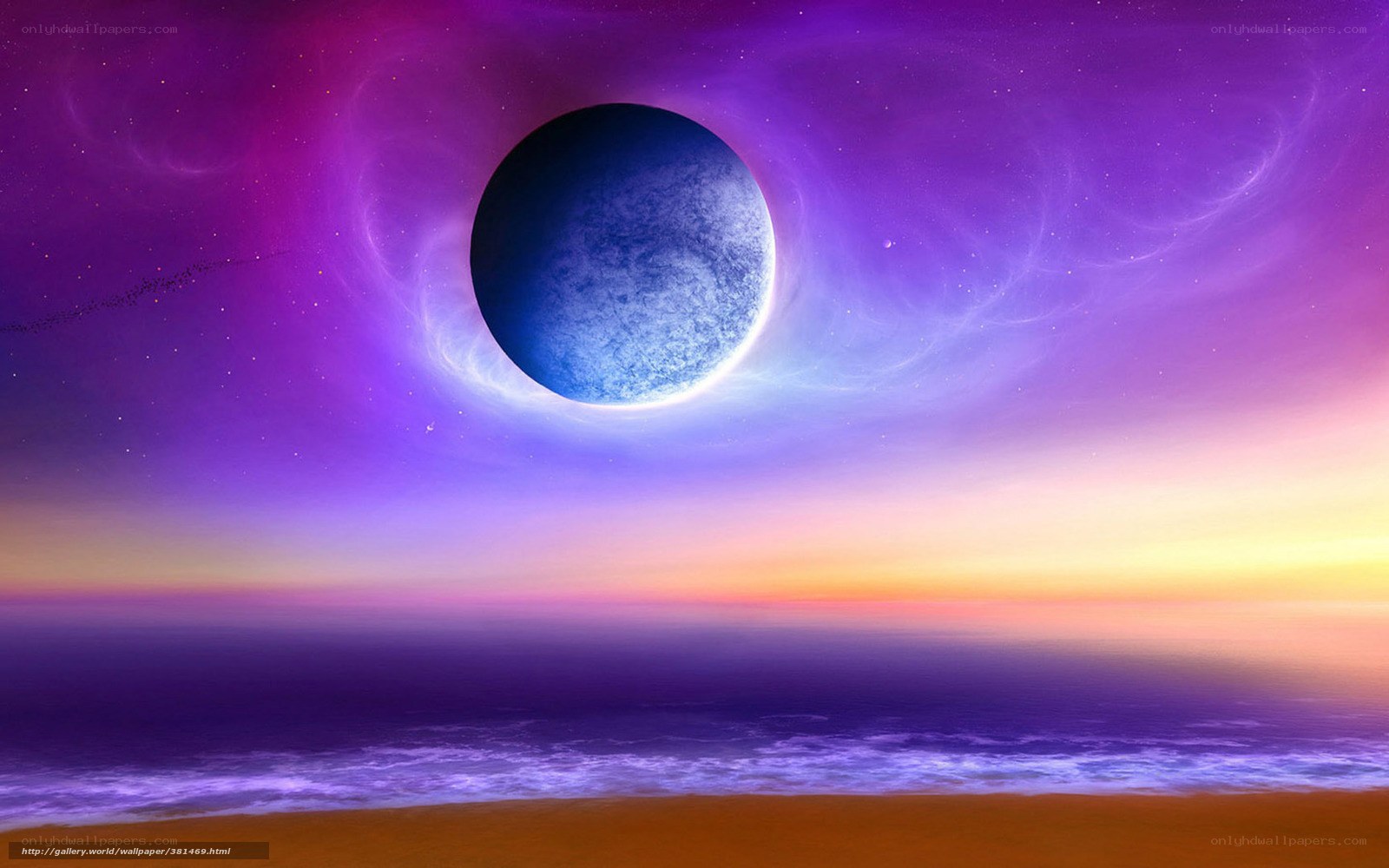 Purple planet over ocean