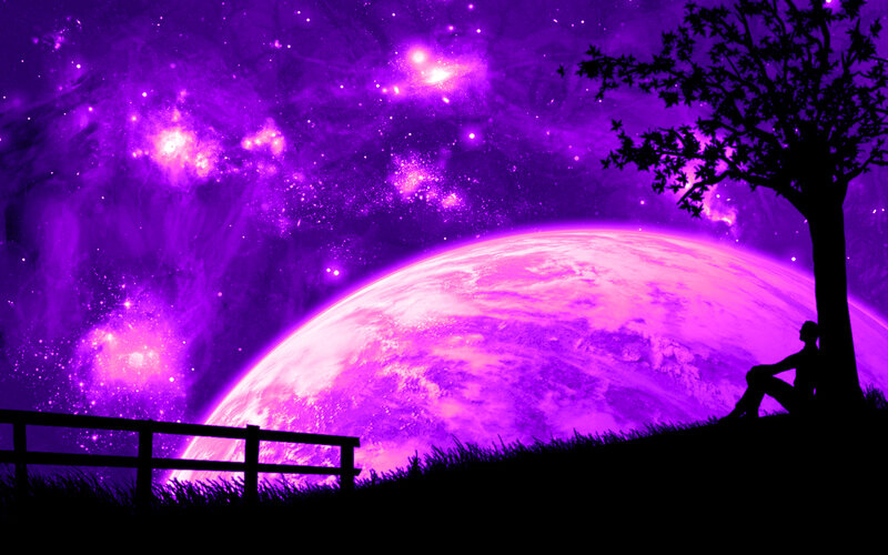Purple planet under starry sky