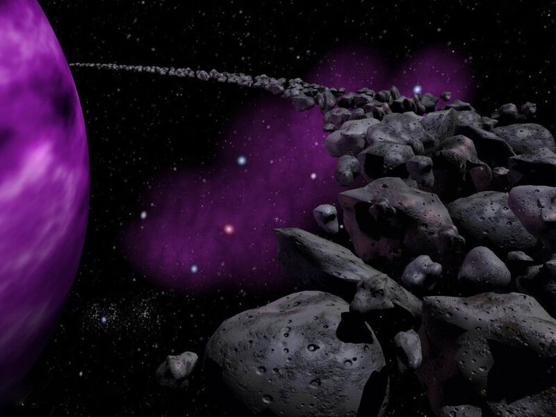 Purple planet with asteroid field