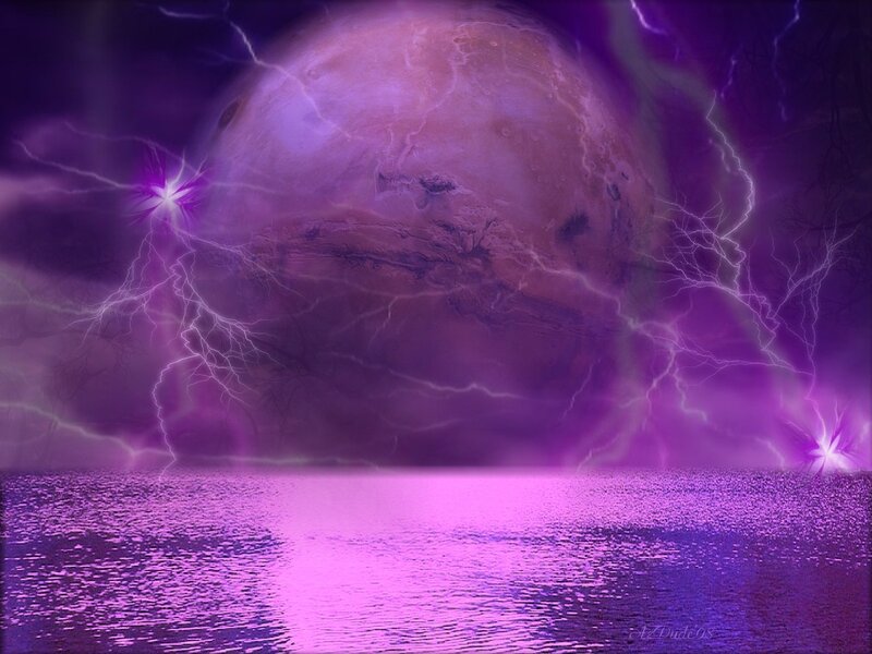 Purple planet with lightning storm