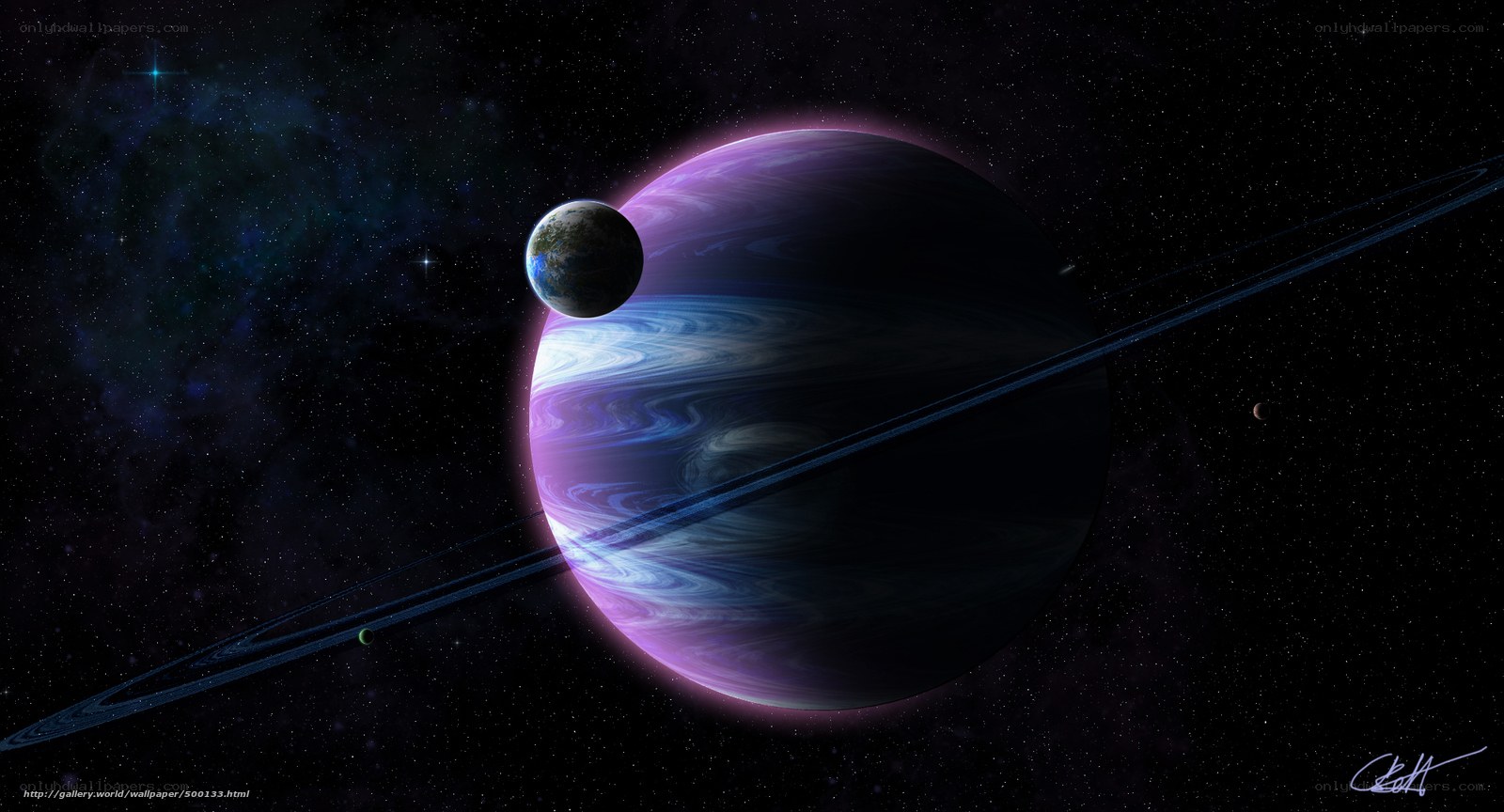 Purple planet with rings and moon