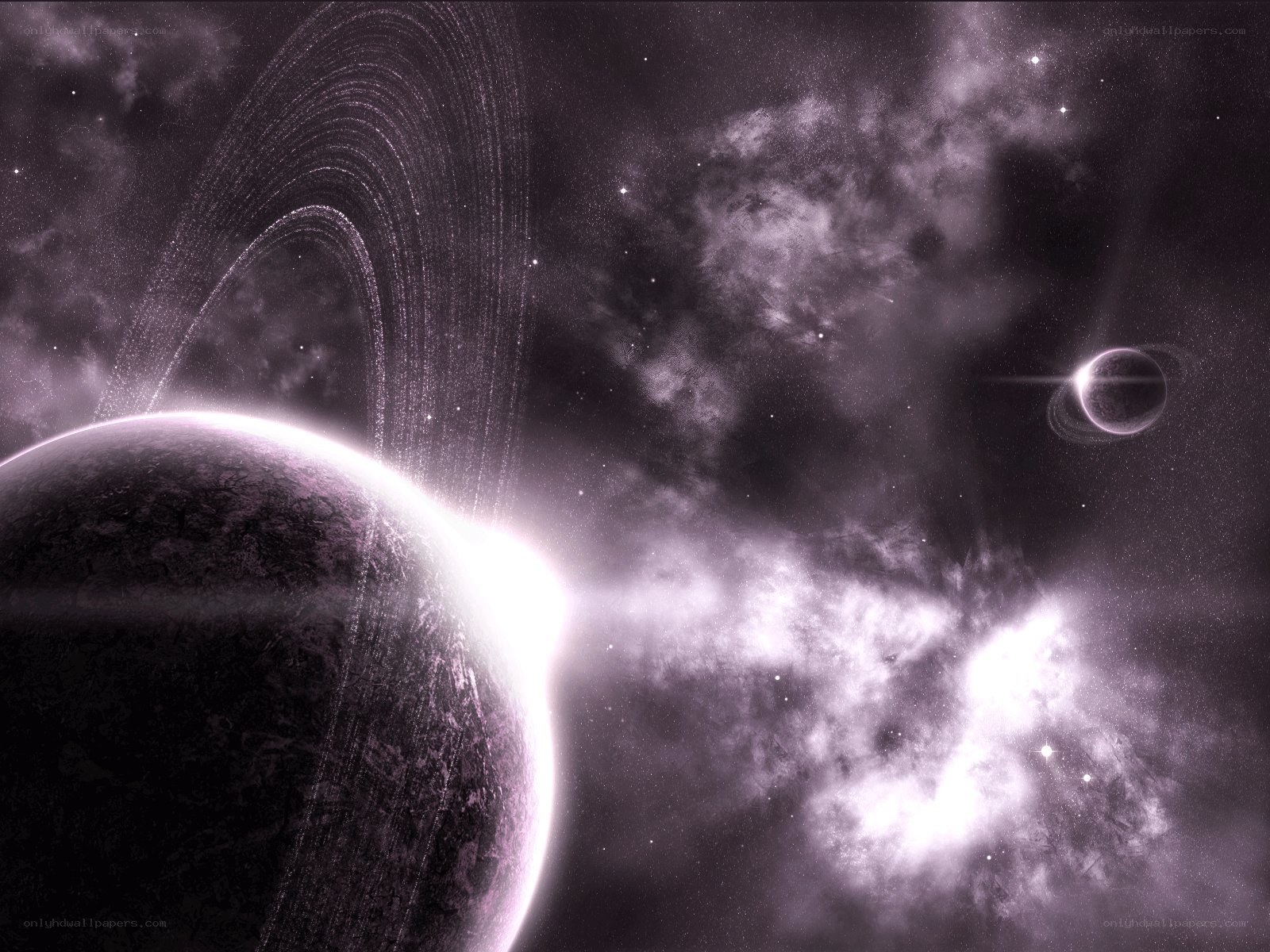 Purple planet with rings in space
