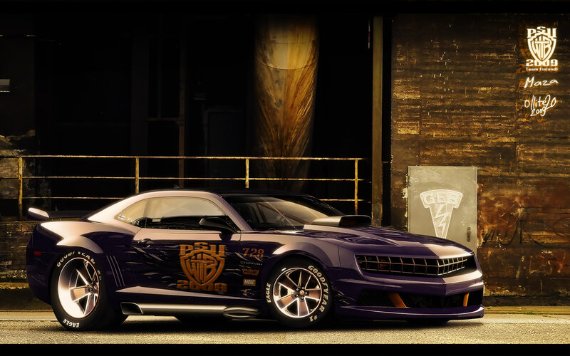 Purple race car in warehouse