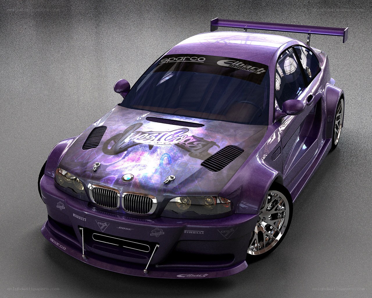 purple race car with custom graphics