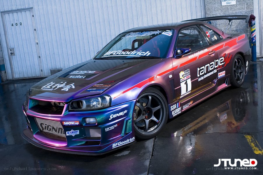 purple race car with decals