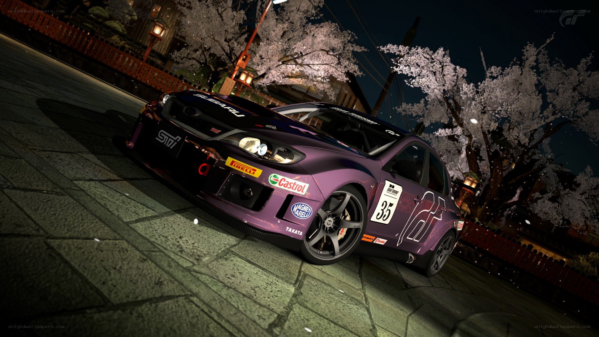 Purple rally car at night