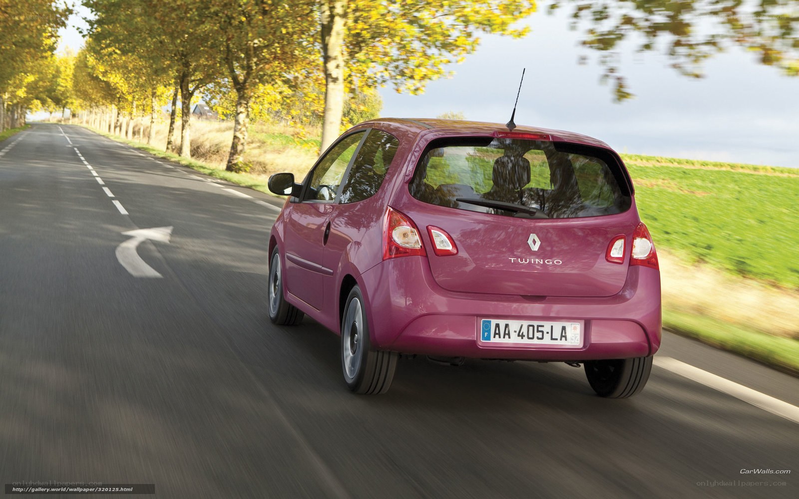 purple renault twingo on country road