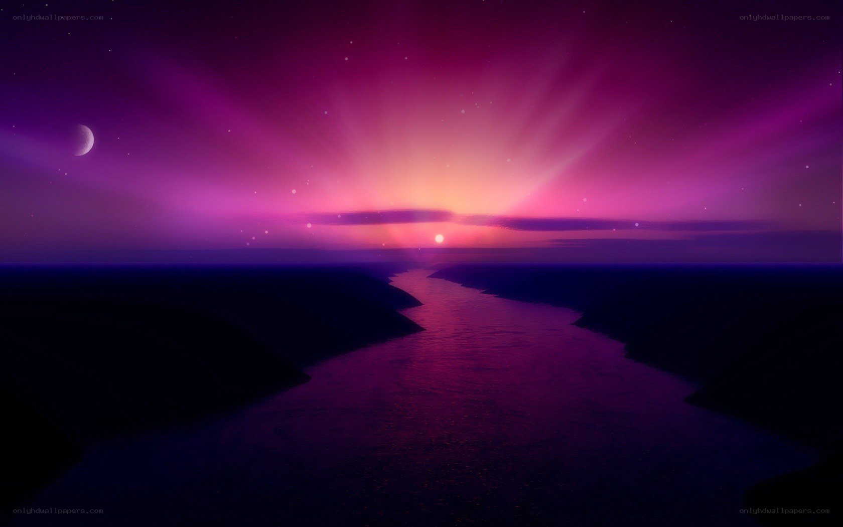 Purple river at sunset