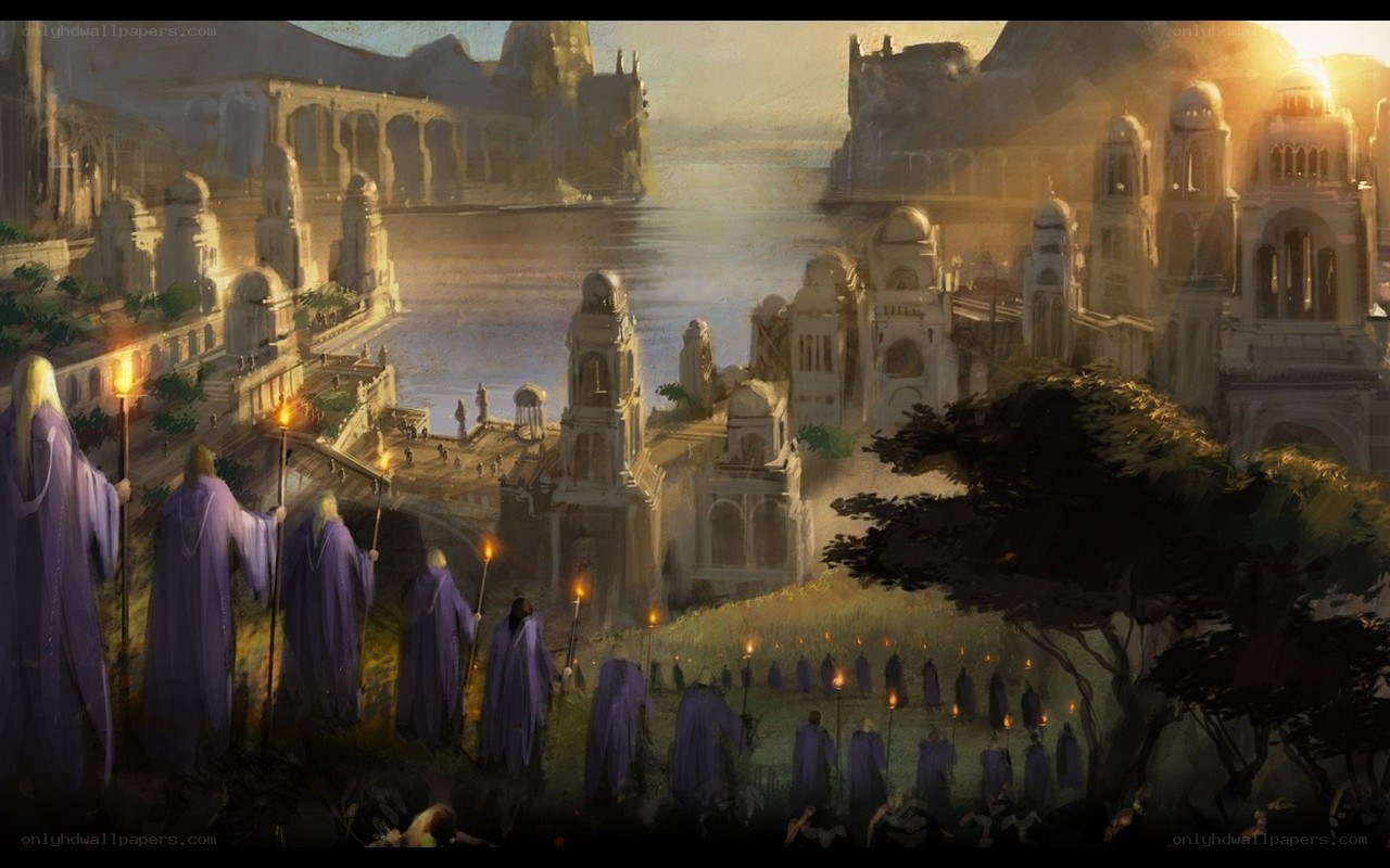 purple-robed figures in ancient city