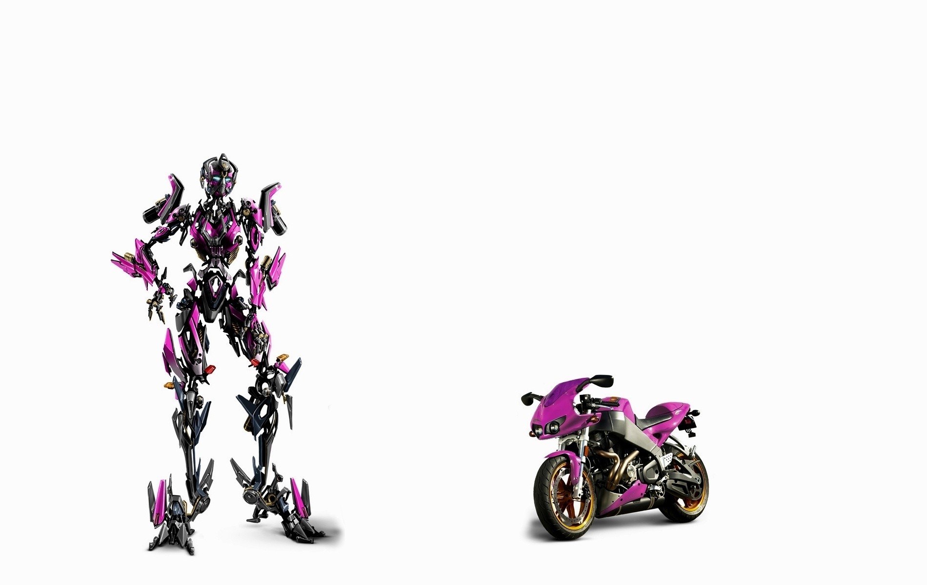 purple robot and motorcycle