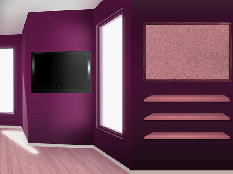 purple room with TV and shelves