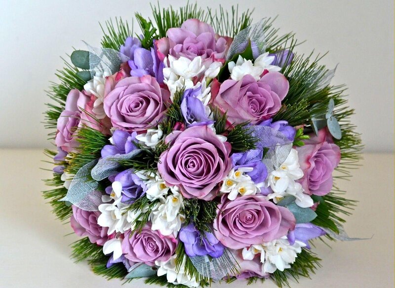 Purple Rose Bouquet — Calm, Photograph, White Flowers, Greenery, Ribbons