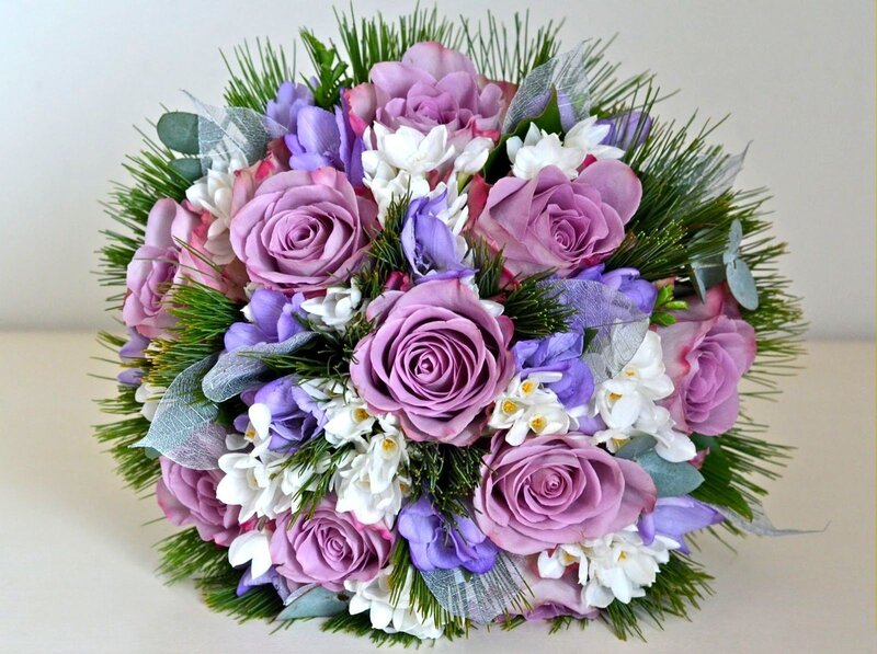 Purple Rose Bouquet — Calm, Photograph, White Flowers, Greenery