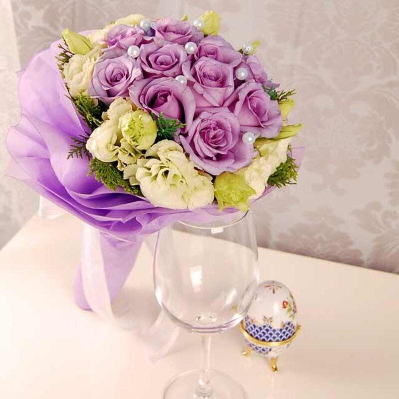 Purple Rose Bouquet — Elegant, Photograph, Wine Glass