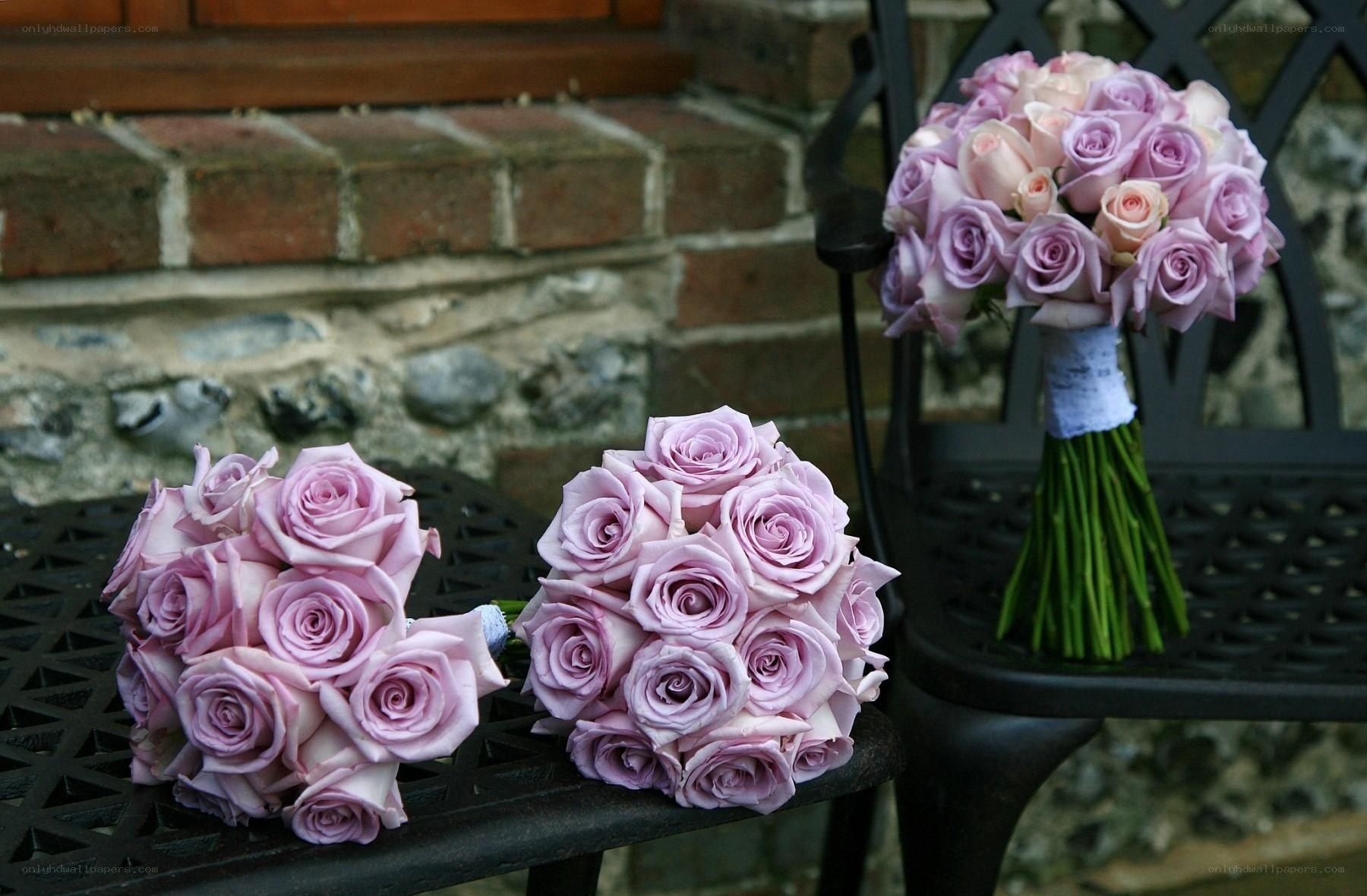 Purple rose bouquets on bench