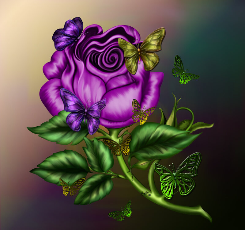 Purple Rose with Butterflies