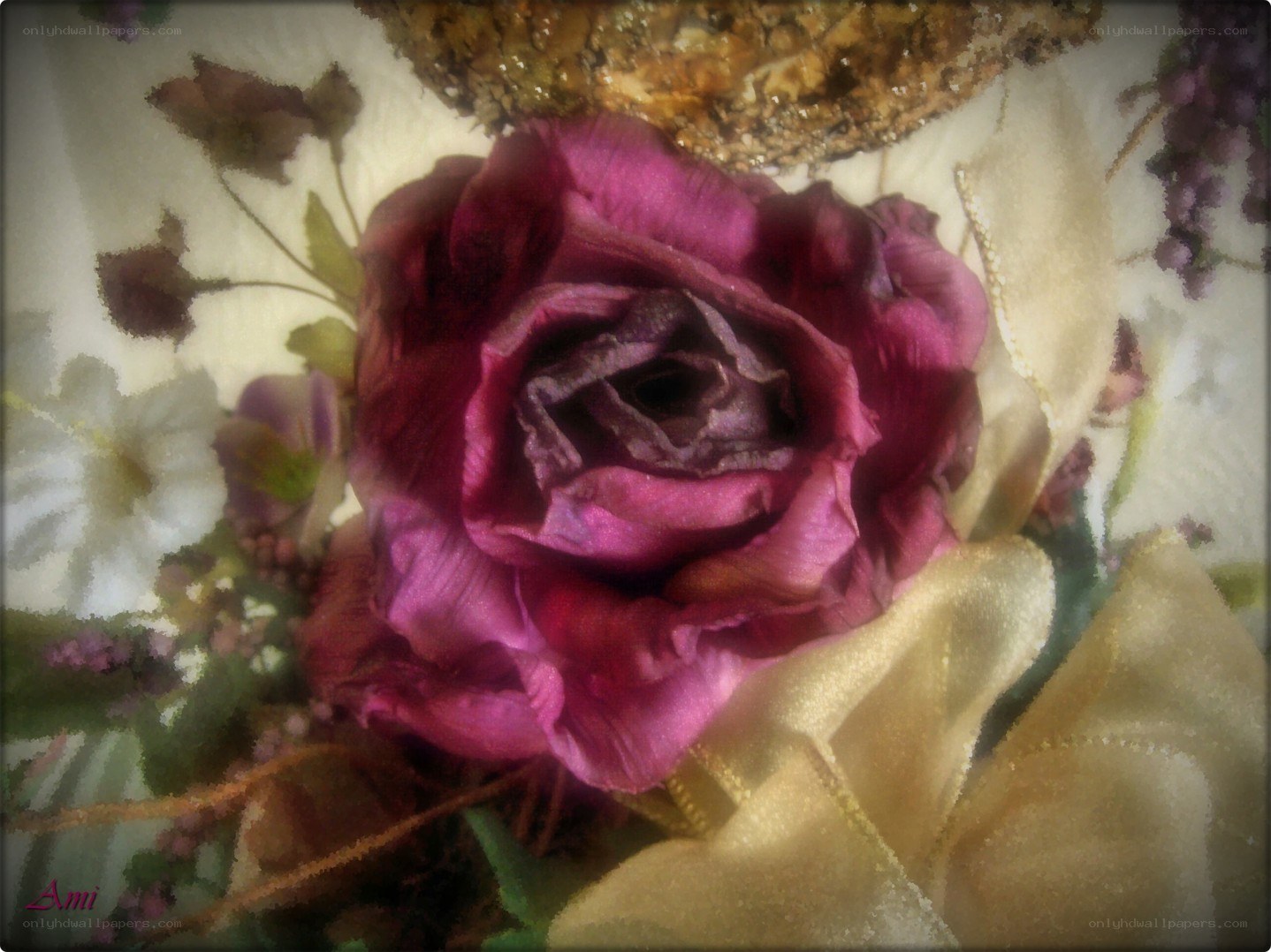 purple rose with ribbon