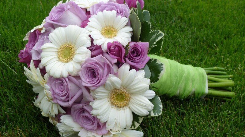 Purple roses and white daisies