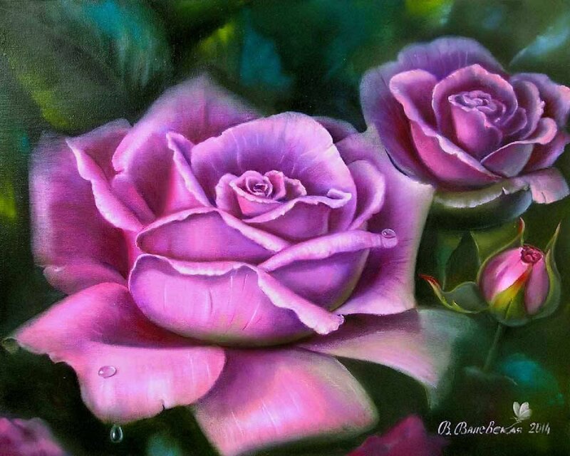 Purple Roses in Bloom — Serene, Painting