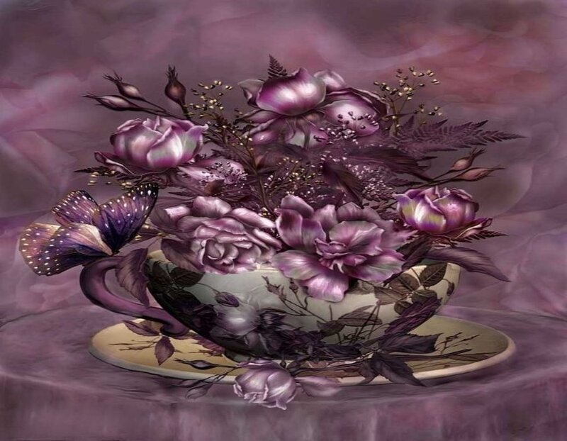 Purple Roses in Teacup