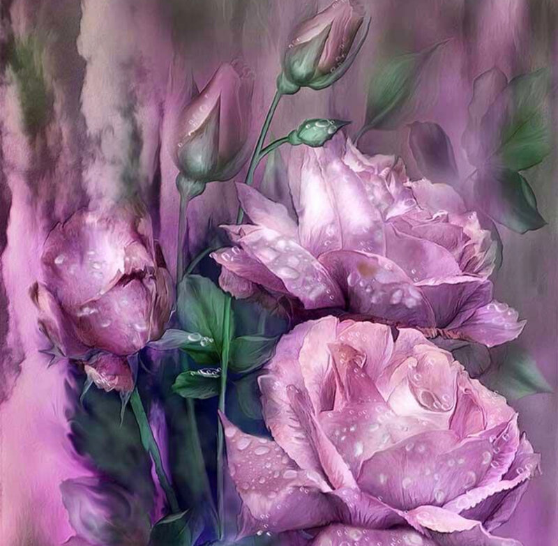 Purple Roses with Dew — Serene, Digital Art, Buds