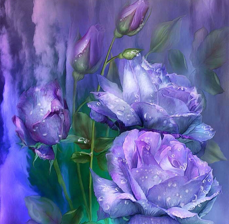 Purple Roses with Dew — Serene, Digital Art