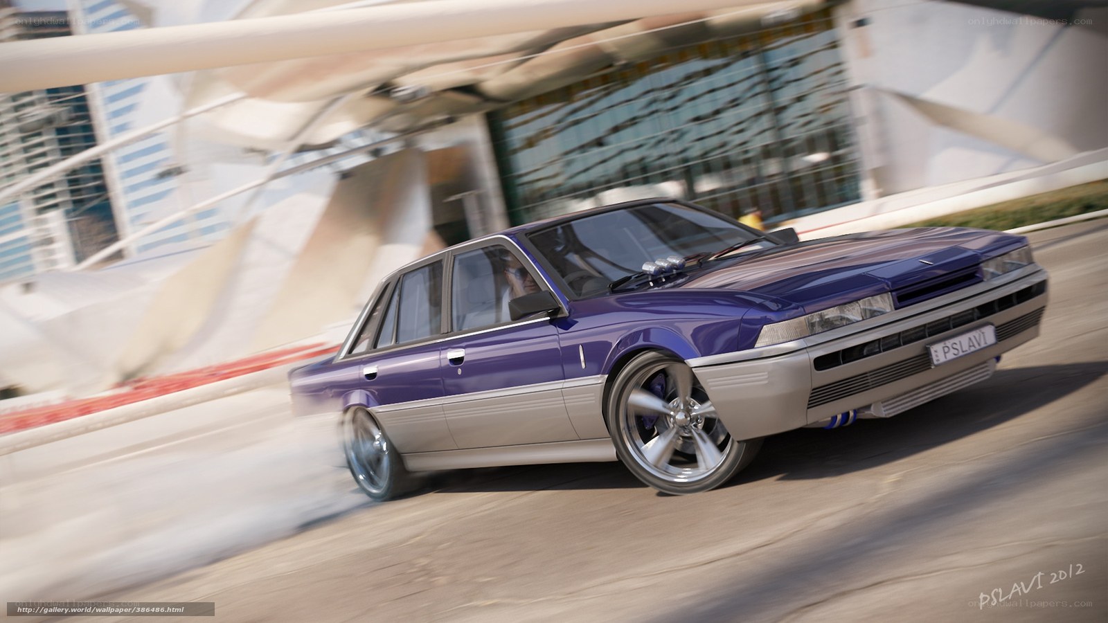 Purple sedan in motion
