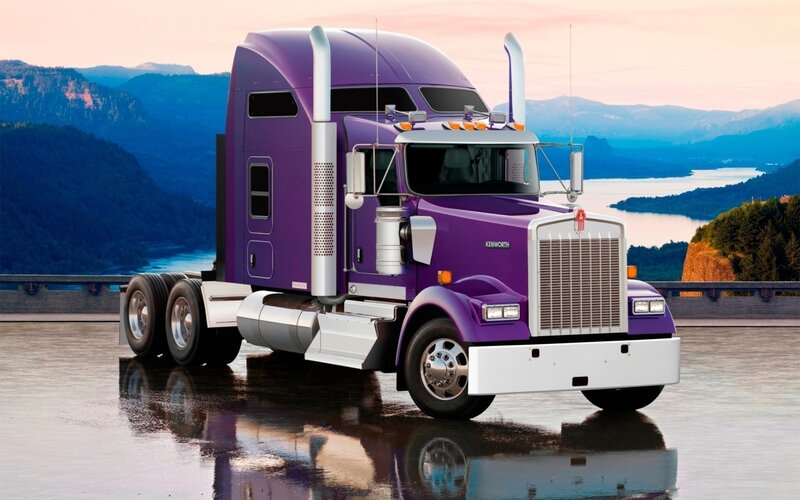 Purple Semi-truck — Serene, Sunset, Photograph, Mountains, Lake