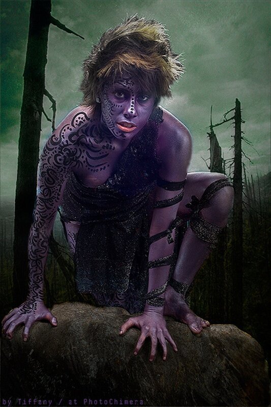purple-skinned forest creature