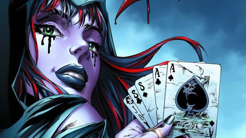 Purple-skinned Woman with Cards