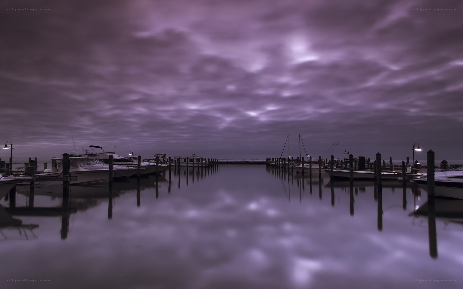 Purple sky over marina