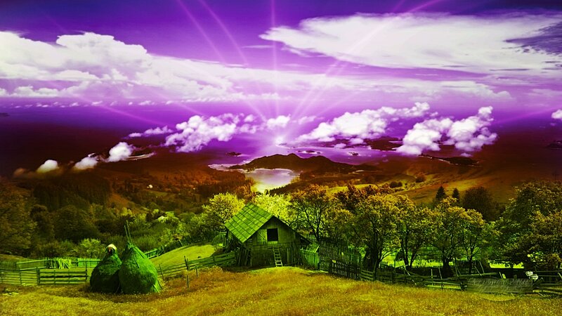 Purple sky over rural landscape
